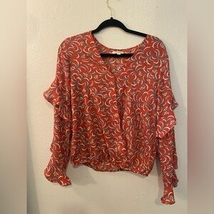 Max Studio Red and‎ White Floral Long sleeve Blouse size Large